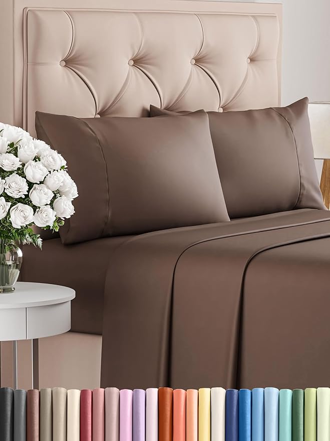 Twin 4 Piece Sheet Set - Comfy Breathable & Cooling - Ultra Soft Hotel Luxury Bedding Set with 8-16 Inch Deep Pockets - 1 Flat & 1 Fitted Sheet & 2 Pillowcases - Cozy, Wrinkle Free & Easy Care - Brown