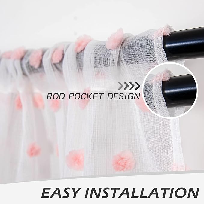 MYSKY HOME Pink Curtains for Bedroom 63 Inch Length Pom Pom Short White Sheer Curtains for Boys Room Kids Curtains Dining Room Rod Pocket Bohemian Farmhouse Window Drapes 52 x 63 in 2 Pieces