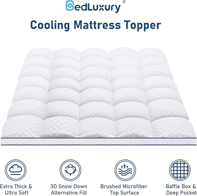 Bedluxury Queen Mattress Topper Extra Thick Pillowtop Mattress Pad Cover Cooling and Plush with 8-21 Inch Deep Pocket 3D Snow Down Alternative Fill