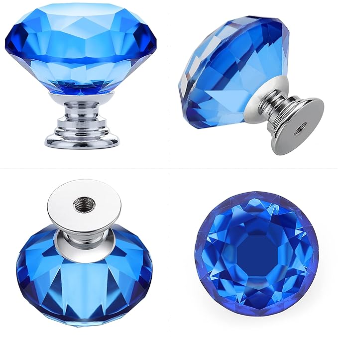 Ravinte 5 Pack Blue Crystal Knobs for Dresser Drawers - 30 mm Glass Cabinet Diamond Shaped Knobs With Silver Base