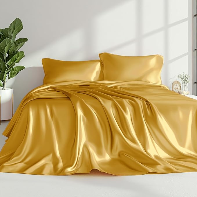 Love's cabin Twin XL Satin Sheet Sets - 3 Piece Gold Silky Bed Sheets with Deep Pockets, Luxury Silk Feel Satin Sheet Set Twin XL (1 Flat Sheet,1 Fitted Sheet,1 Pillow case)