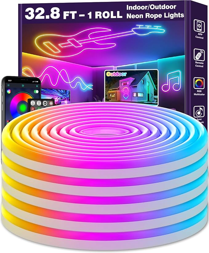 LETIANPAI 32.8Ft Neon Rope Lights,Flexible Led Rope Lights Control with App/Remote,Multiple Modes Rope Lights,IP65 Outdoor RGB Led Neon Lights Waterproof,Music Sync Gaming Led Light Strip (32.8FT)