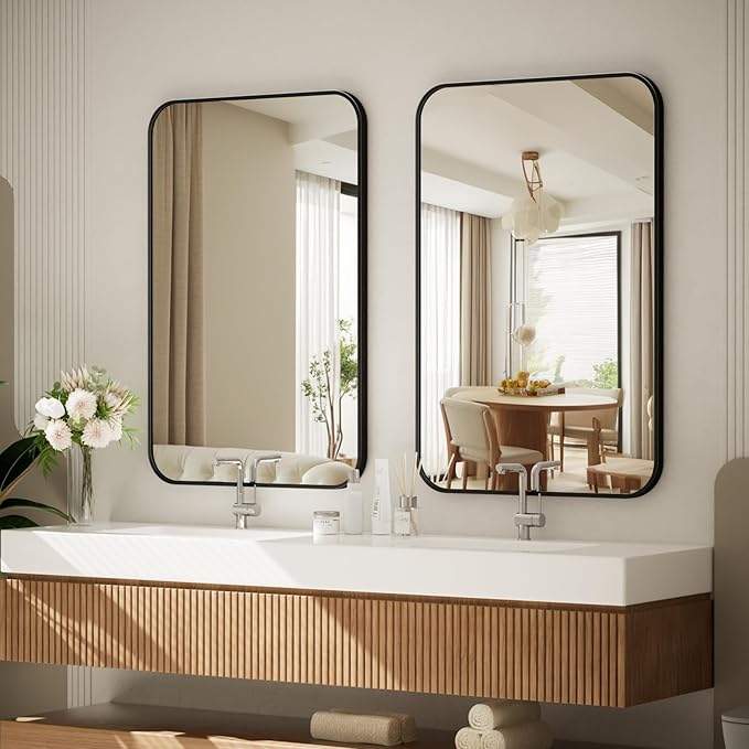 BEAUTYPEAK 26" x 38" Rectangular Aluminum Alloy Frame Wall Mounted Bathroom Mirror with Rounded Corners, Black