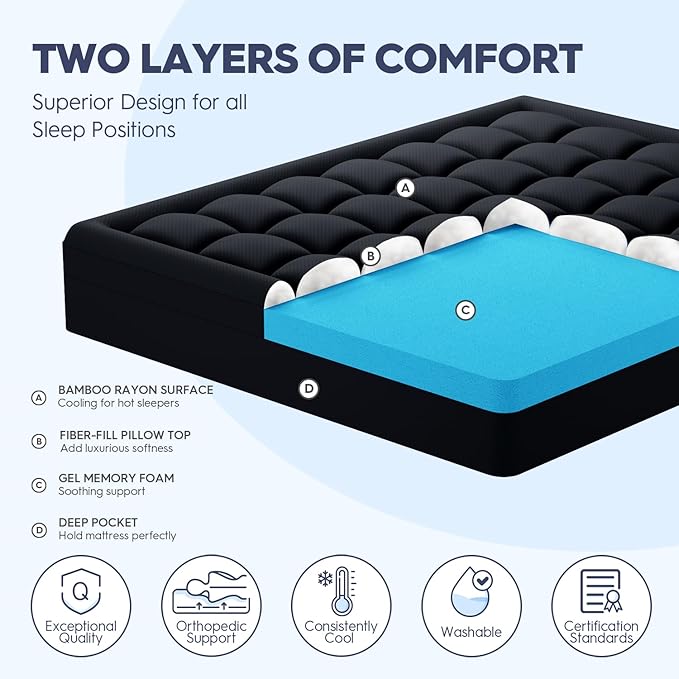 ELEMUSE 3 Inch Dual Layer Memory Foam Mattress Topper King, 2 Inch Cooling Gel Memory Foam Plus 1 Inch Down Alternative Pillowtop Mattress Pad with Cooling Cover, Soft Comfort Support, Black