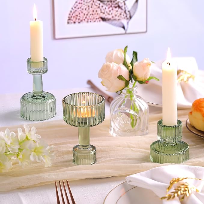 Candlestick Holders Bulk, 6 Pcs Green Combination Candle Holders Set, Crystal Candle Holders for Wedding, Table Centerpiece, Home Decoration