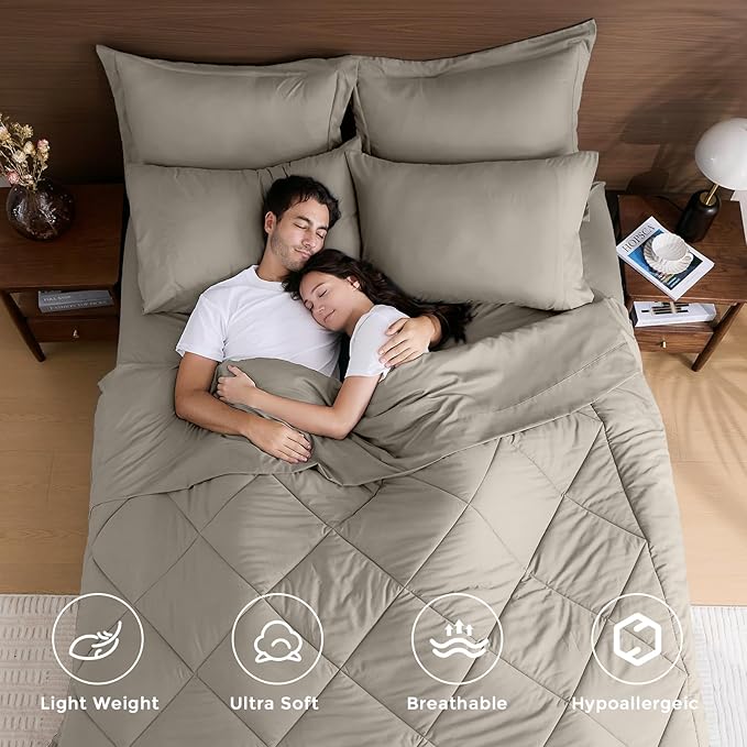HEVUMYI Oatmeal King Comforter Set - 7-Piece All Season Bed in a Bag King, Ultra Soft Bedding Set with Comforter, Flat Sheet, Fitted Sheet, Pillowcases, Pillow Shams