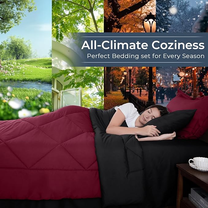 HEVUMYI Red & Black Cali-King Comforter Set - 7-Piece All Season Bed in a Bag Cali-King, Ultra Soft Burgundy Bedding Set with Comforter, Flat Sheet, Fitted Sheet, Pillowcases, Pillow Shams, Burgundy