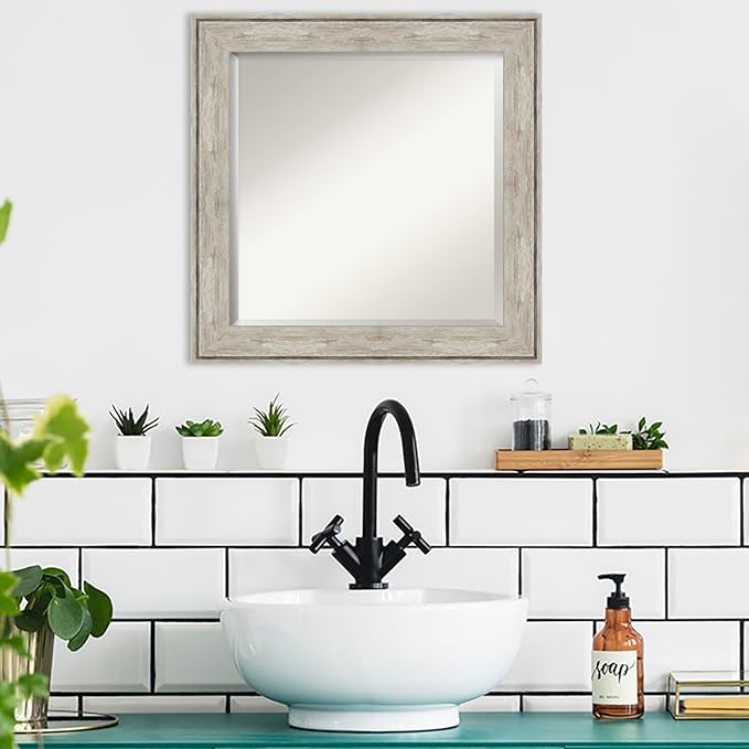 Amanti Art Silver Bathroom Mirror for Over Sink, 25x25 Crackled Metallic Square Vanity Mirror, Medium Country Rustic Frame, Hangs Horizonally and Vertically, Bathroom Wall Decor, Beveled Edge