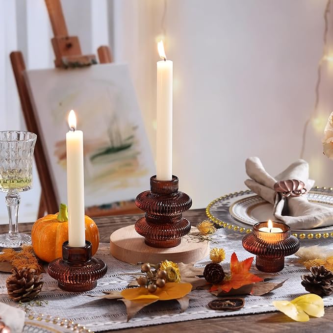 Brown Candlestick Holders Set of 10, Taper Candle Holders for Fall Wedding Table Centerpiece, Ribbed Glass Votive Candle Holders for Dinner Party Halloween Thanksgiving Decor