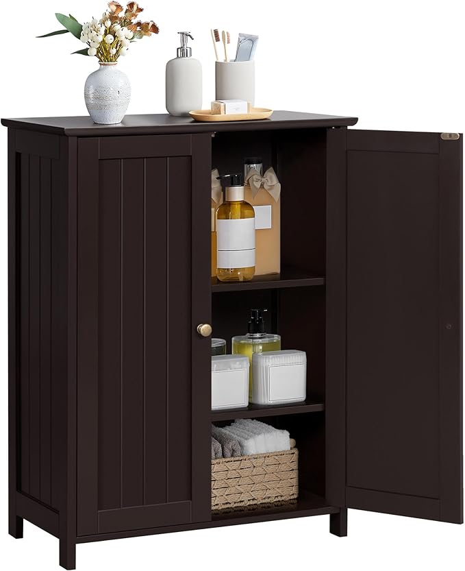Yaheetech Bathroom Floor Cabinet, Modern Storage Freestanding Organizer Cabinet with Adjustable Shelves & Double Doors, 3-Tier Home Living Room Furniture, Espresso