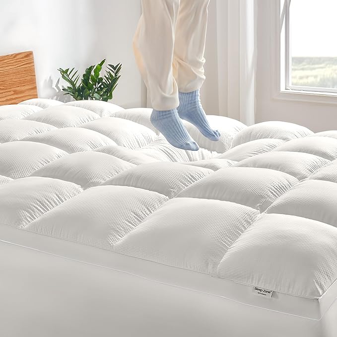 SLEEP ZONE Queen Mattress Protector, Deep Pocket Mattress Pad Cover, Thick Fitted Mattress Topper for Back Pain, Hotel Quality (White, Queen)