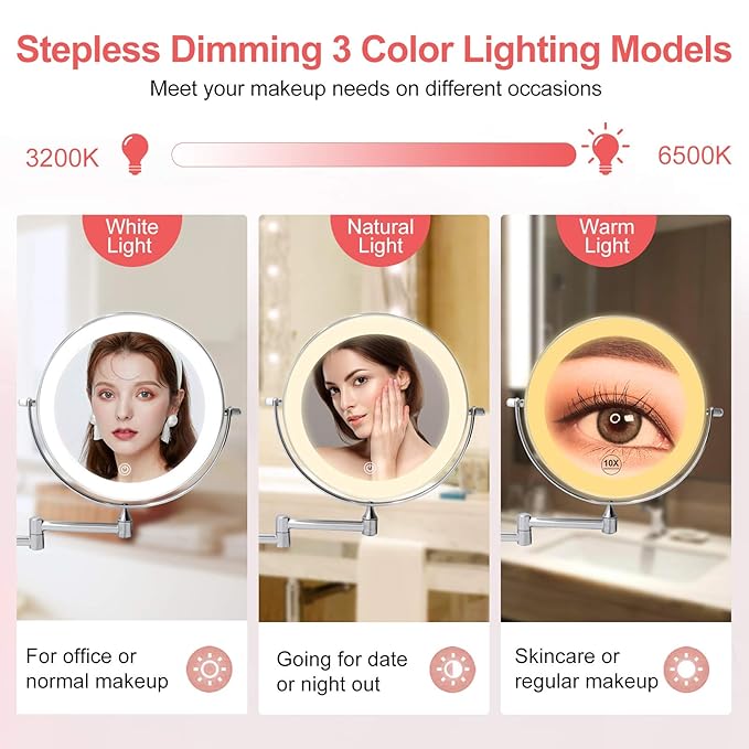 Rechargeable Wall Mounted Lighted Makeup Vanity Mirror 8 Inch Double Sided 1X 10X Magnifying Bathroom Mirror, 3 Color Lighting, Touch Screen Dimming, Extended Arm 360 Rotation Shaving Light up Mirror