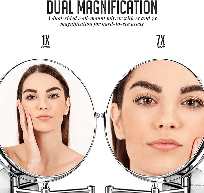 OVENTE 9" Wall Mounted Makeup Mirror with 1X/7X Magnification, Double Sided Magnifying Round Bathroom Vanity Mirror, 360° Swivel Design, Extendable and Folding Arm, Polished Chrome MNLFW90CH1X7X