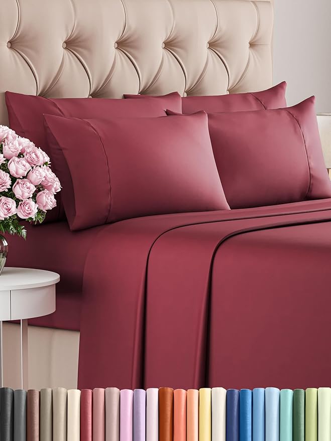Full 6 Piece Sheet Set - Comfy Breathable & Cooling - Ultra Soft Hotel Luxury Bedding Set w/ 8-16 Inch Deep Pockets - 1 Flat & 1 Fitted Sheet & 4 Pillowcases - Wrinkle Free and Easy Care - Burgundy