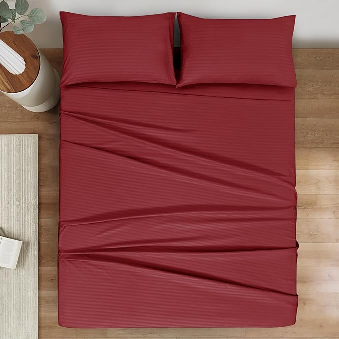 Mejoroom Striped King Size Bed Sheet Set - Hotel Luxury 1800 Bedding Sheets & Pillowcases - 16" Deep Pocket Fitted Sheet, Soft, Breathable, Wrinkle & Fade Resistant - 4 Piece(02-Burgundy)