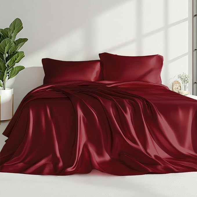 Love's cabin 4Piece California King Satin Bed Linen Set, Burgundy Silky Satin Sheets, Deep Pocket, Luxury Silk Feel, 1 Flat, 1 Fitted Sheet, 2 Pillow Cases