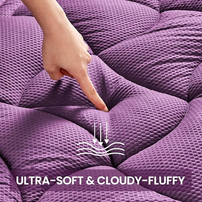 SLEEP ZONE Cooling Mattress Topper Cal King, Premium Zoned Quilted Mattress Pad, Pillow Top Mattress Protector Cover, Machine Wash Durable, Deep Pocket 8-21 inch, Purple, Cal King
