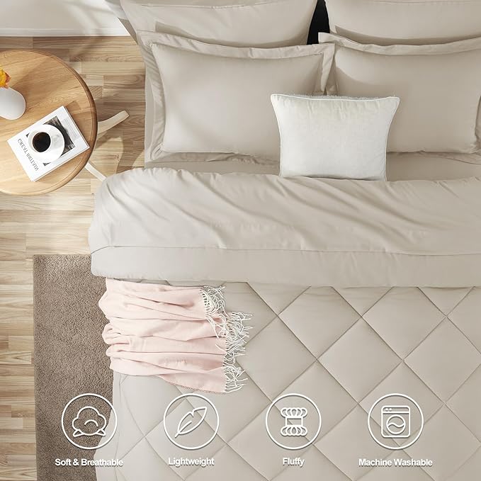 CozyLux Full Size Comforter Sets Beige - 7 Pieces Bed in a Bag Full, Luxury Soft Bed Set for All Seasons, Bedding Set with Down Alternative Comforter, Sheets, Pillowcases & Shams