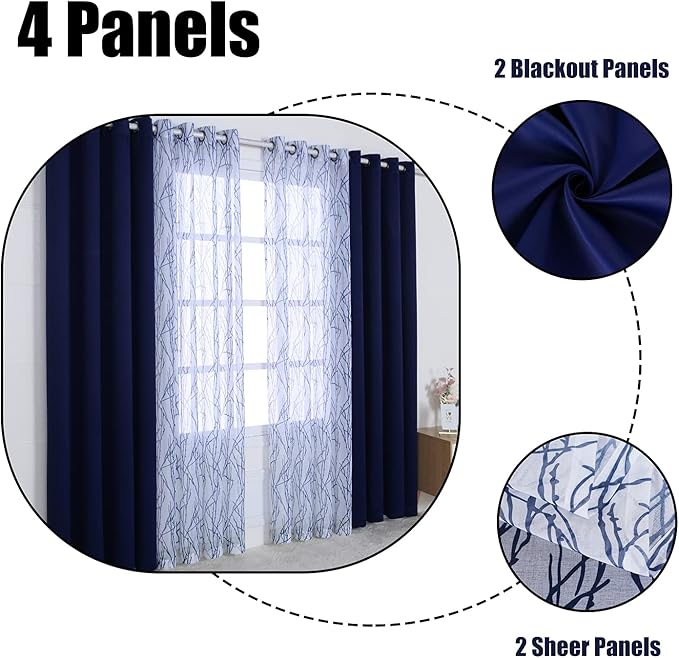 BONZER Mix and Match Curtains - 2 Pieces Branch Print Sheer Curtains and 2 Pieces Blackout Curtains for Bedroom Living Room Grommet Window Drapes, 54x95 Inch/Panel, Indigo, Set of 4 Panels