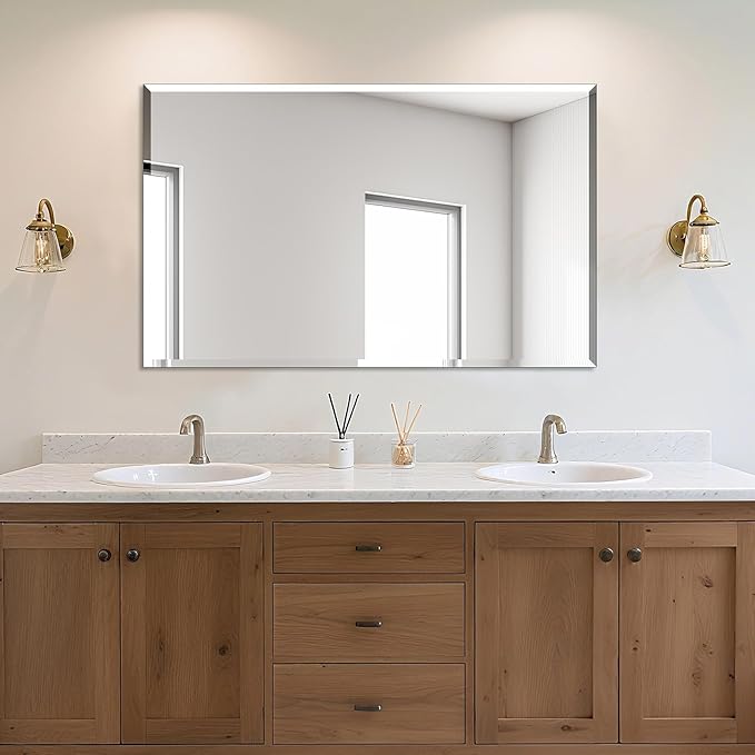 Ruomeng Rectangle Wall Mirror Frameless Bathroom Mirror 48” x 30" Beveled Edge Mirror for Vanity and Entryway