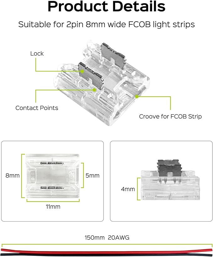 JACKYLED 8mm 2Pin FCOB COB LED Light Strip Connectors Kit, 16pcs Transparent Connectors & 5pcs 15cm Long 22AWG Extension Wires for Gapless Connection, FCOB 2 pin Single Color Strip Corner Connection