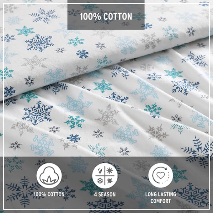Eddie Bauer - Full Sheets, Cotton Flannel Bedding Set, Brushed For Extra Softness, Cozy Home Decor (Tossed Snowflake, Full)