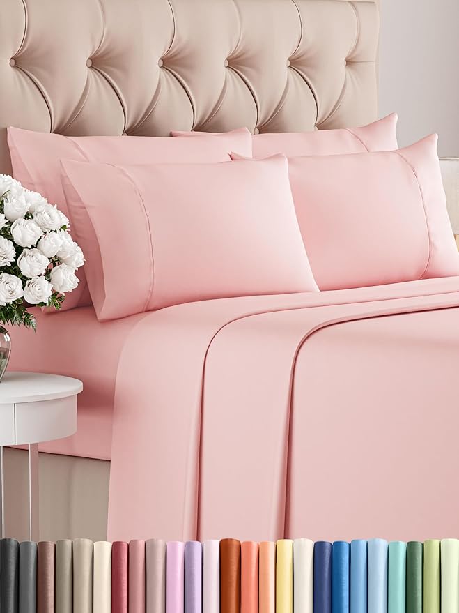 Cal King 6 Piece Sheet Set - Comfy Breathable & Cooling - Ultra Soft Hotel Luxury Bedding Set w/ 8-16 Inch Deep Pockets - 1 Flat & 1 Fitted Sheet & 4 Pillowcases - Wrinkle Free & Easy Care - Baby Pink