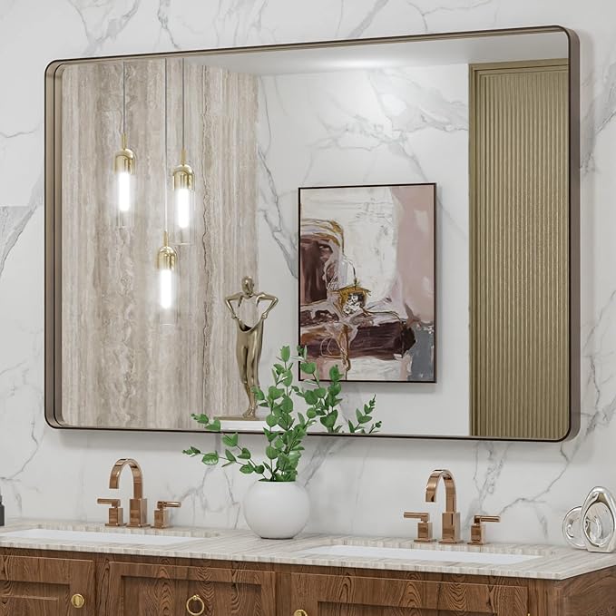 LOAAO 48”X32” Bronze Bathroom Mirrors for Vanity, Rounded Rectangle Brushed Bronze Metal Frame Mirror, Anti-Rust, Tempered Glass, Hangs Horizontally or Vertically