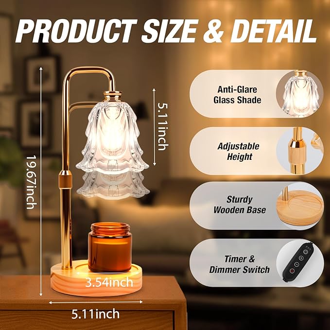Candle Warmer Lamp with Timer and Dimmer, Electric Wax Warmers for Scented Candles with 5 Brightness Settings, Anti-Glare Lamp with Adjustable Height, Home Decor, Gift for Christmas, Birthday