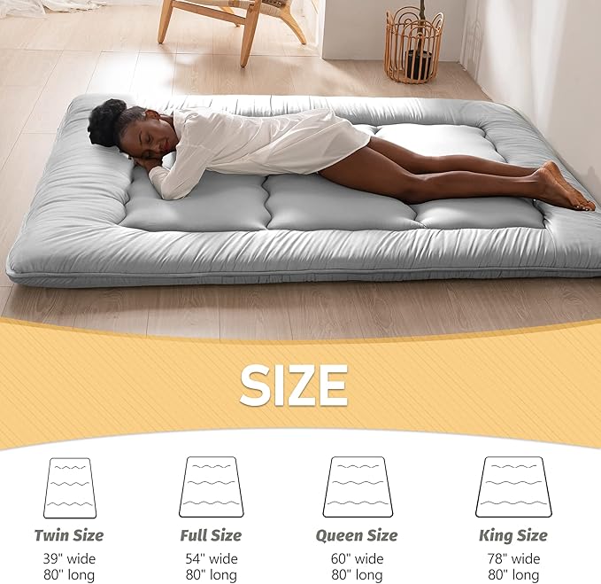 MAXYOYO Japanese Floor Mattress Futon Mattress, Thicken Daybed Futon Roll Up Guest Mattress Thicken Sleeping Pad Foldable Tatami Mat Floor Lounger Bed Couches and Sofas, Grey, Queen