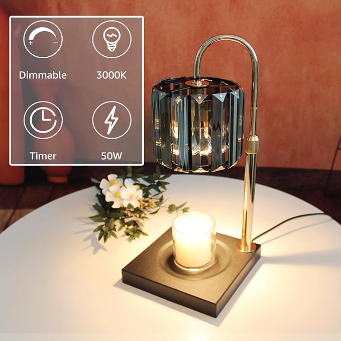 Candle Warmer Lamp with Timer, Dimmable Electric Candle Wamer Adjustable Height, Glass Modern Candles Melter Lamp, Black