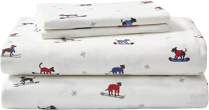 Eddie Bauer - Flannel Sheets Queen Size, Anti-Pilling & Wrinkle Resistant Cotton, Touchably Soft for All-Season Comfort - Bed Sheets with Matching Pillowcases & Fitted Sheet (Ski Patrol White)