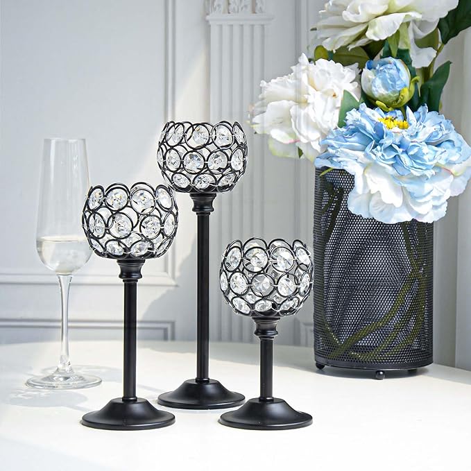 6pcs Crystal Candle Holder Set, 3 Sizes Tealight Candlestick Holders, Elegant Black Candelabra Bulk for Wedding Table Centerpiece, Fireplace, Home & Living Room Decor