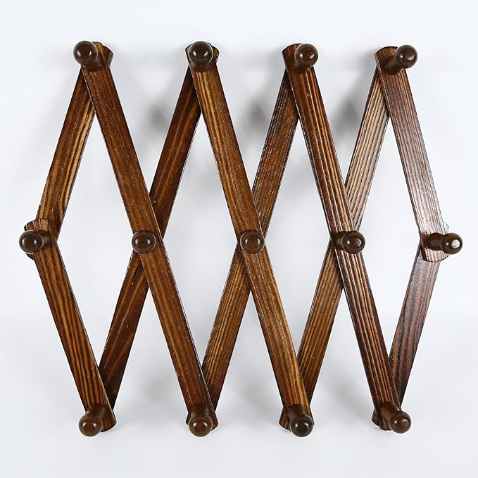 AMAPON Accordion Style Expandable Wall Wooden Coat Rack 13 Hooks (Pegs) Hang Hats Jackets Coffee Mug Purses Necklaces Towels Cap Leash Scarves Data Line Kitchenware (Walnut)