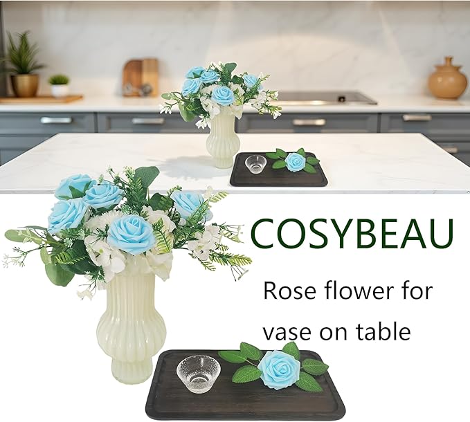 Artificial Rose Flowers 25pcs, Light Blue Foam Fake Rose Faux Flower for Wedding Bouquets Bridal Shower Centerpieces Floral Arrangements Home Decorations Party Backdrops Table