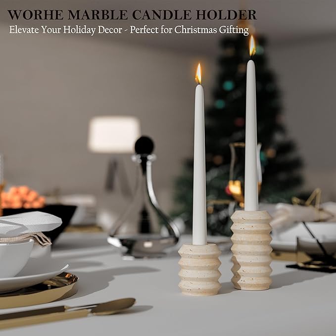 WORHE Candle Holders True Natural Travertine Stone 0.4" Thick, Set of 2 Premium Marble Candlestick Holder for Wedding Dinning Party, Candle Stand for 3/4 inch Thick Candles Color White (ZT002)