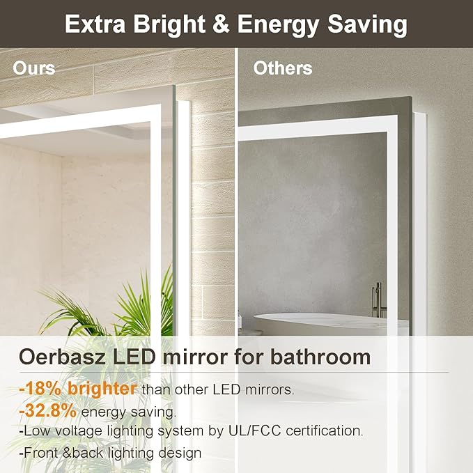 20x28 LED Bathroom Mirror with Lights, Brighter Backlit + Front Lit, Tempered Glass, Dimmable, Multiple Light Modes, Anti-Fog Lighted Bathroom Vanity Mirror for Wall, Memory Function