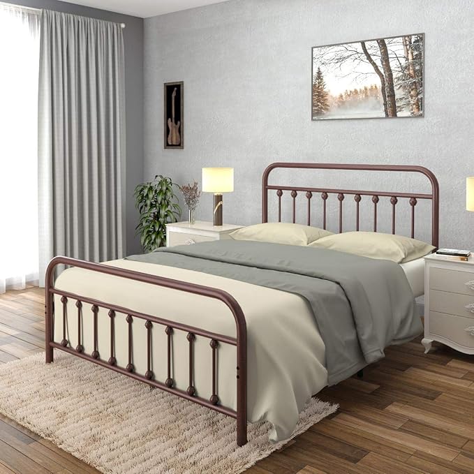 Golden Gate Beds Victorian Vintage Style Metal Bed Frame with Wrought Iron Headboard and Footboard, Classic Platform Bedframe with Storage, No Box Spring Needed, Mattress Foundation, Brown, Queen Size