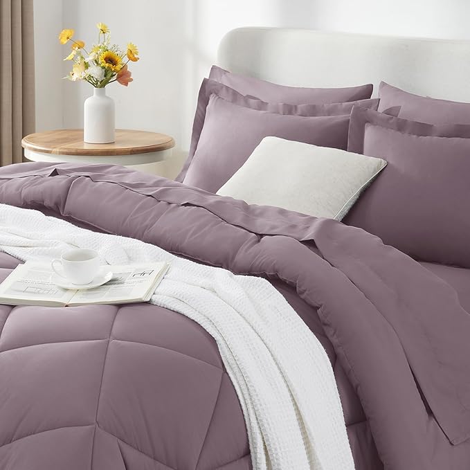 CozyLux Full Size Comforter Sets Dusty Purple - 7 Pieces Bed in a Bag Full, Soft Bed Set for All Seasons, Bedding Set with Down Alternative Comforter, Sheets, Pillowcases & Shams, Grayish Purple
