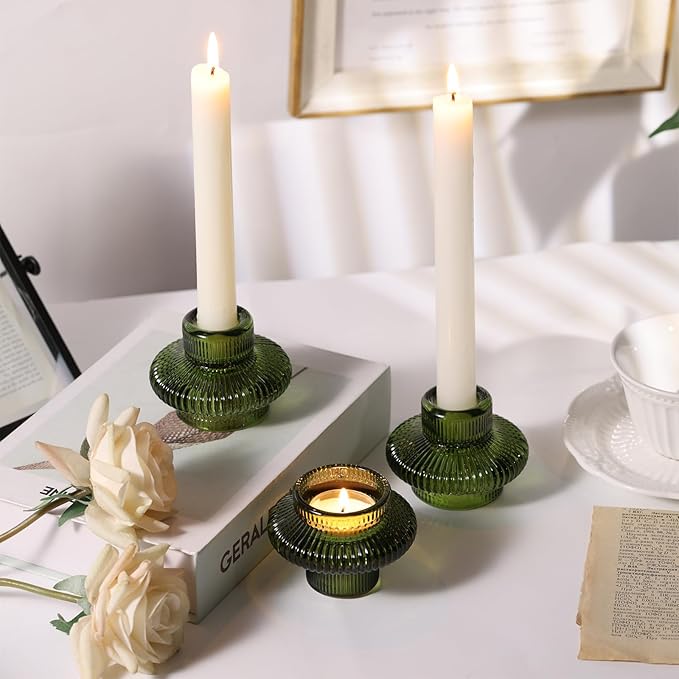 Green Taper Glass Candlestick Holders Tealight Candle Holders for Table Centerpieces, Wedding Decor and Dinner Party (8 Pcs, Green)