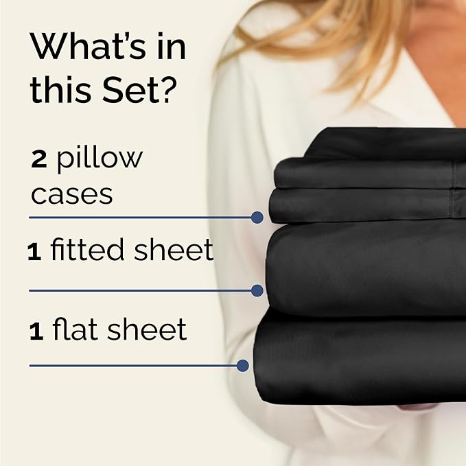 Twin 4 Piece Sheet Set - Comfy Breathable & Cooling - Ultra Soft Hotel Luxury Bedding Set with 8-16 Inch Deep Pockets - 1 Flat & 1 Fitted Sheet & 2 Pillowcases - Cozy, Wrinkle Free & Easy Care - Black