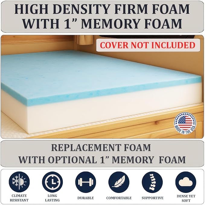 Foamma 2” x 42” x 80” Camper/RV Travel Gel Memory Foam Bunk Mattress Topper, Made in USA, Comfortable, Travel Trailer, CertiPUR-US Certified, Cover Not Included