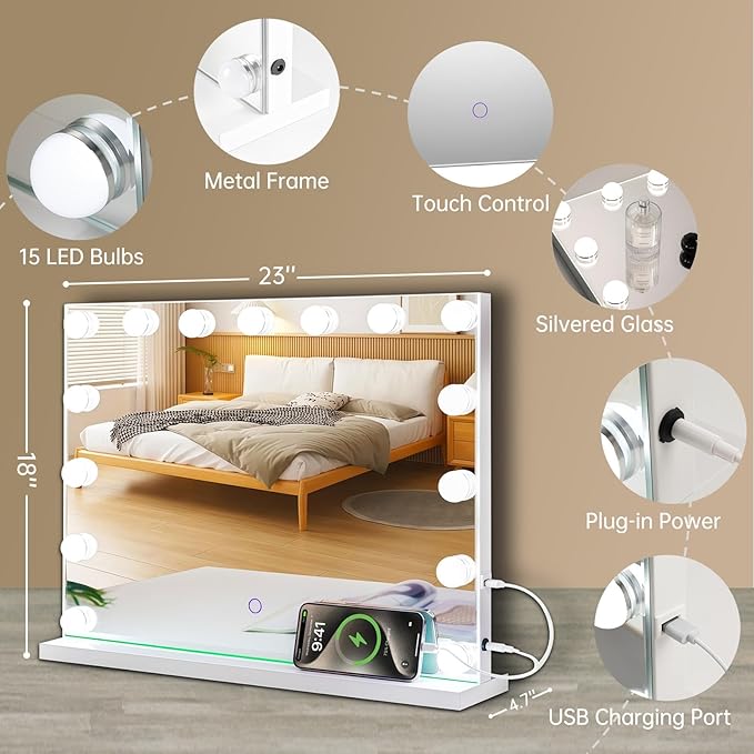 Hollywood Vanity Mirror with Lights, 23"x18" Lighted Makeup Mirror for Desk/Wall Mount with 15 Led Bulbs, 3 Lighting Modes for College Dorm, Bedroom & Dressing Room (White)