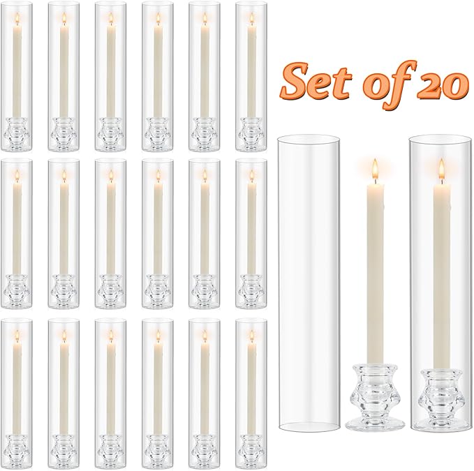 Hurricane Glass Candle Holders, Set of 20 Candlestick Holders for Taper Candles with 11.8" Tall Windproof Cylinder Cover Candle Stand Bulk for Table Centerpieces on Wedding Birthday Housewarming Decor