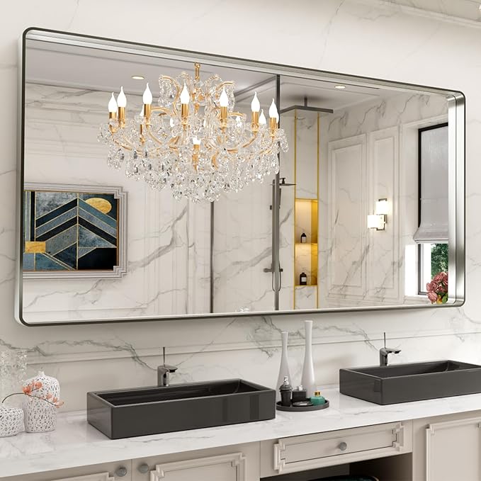 LOAAO 84X32 Inch Brushed Nickel Bathroom Mirror, Rounded Rectangle Silver Metal Frame Mirror, Brushed Nickel, Anti-Rust, Hangs Horizontally or Vertically