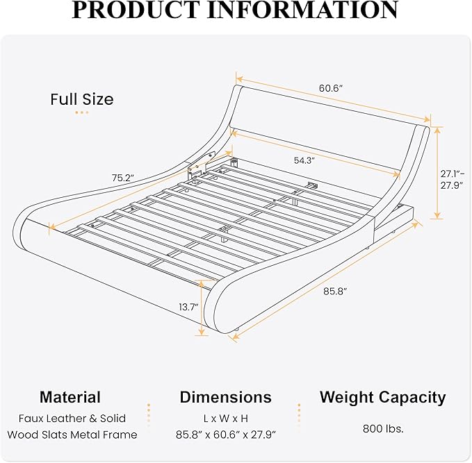 SHA CERLIN Modern Low Profile Platform Bed Frame Full Size, Stylish Faux Leather Upholstered Sleigh Bed with Adjustable Headboard, No Box Spring Needed, Black & White