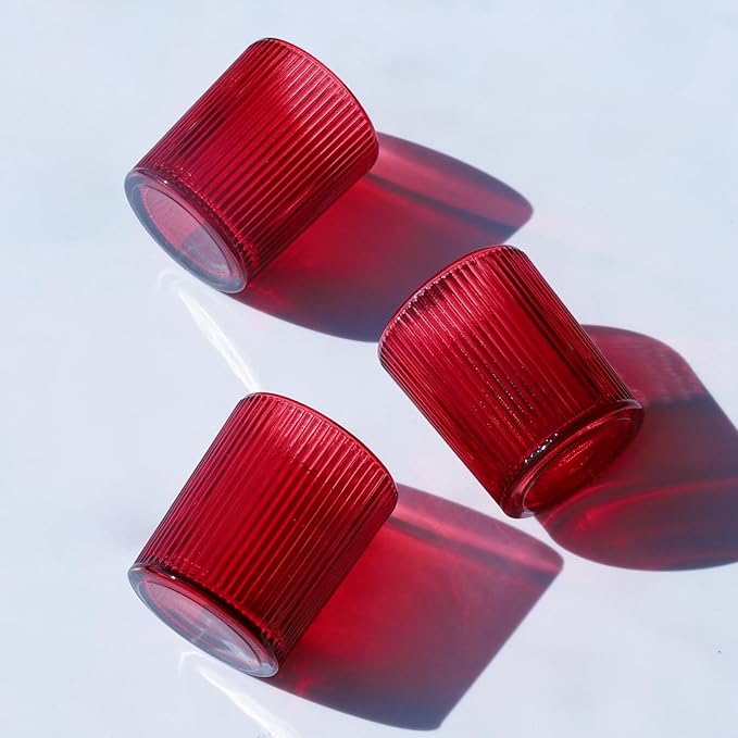 VOHO 24pcs Red Votive Candle Holders for Table Centerpiece, Ribbed Tealight Candle Holder for Christmas & Valentine's Day Decor, Vintage Glass Votive Holder for Gifts