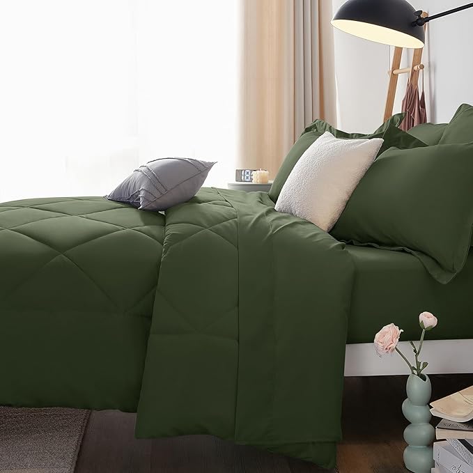 CozyLux King Size Comforter Set Olive Green - 7 Pieces Bed in a Bag King, Luxury Soft Bed Set for All Seasons, Bedding Set with Down Alternative Comforter, Sheets, Pillowcases & Shams