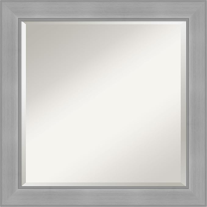 Amanti Art Silver Bathroom Mirror for Over Sink, 24x24 Vista Brushed Nickel Square Vanity Mirror, Medium Casual Frame, Hangs Horizonally and Vertically, Bathroom Wall Decor, Beveled Edge