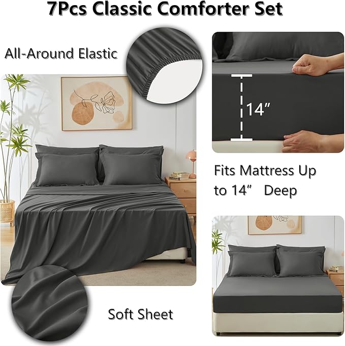 CozyLux Oversized Queen Comforter Set Dark Grey, 7 Pieces Bed in a Bag Comforter Set with Sheets Luxury Bed Set All Seasons, Bedding Set with Down Alternative Comforter, Sheets, Pillowcases & Shams